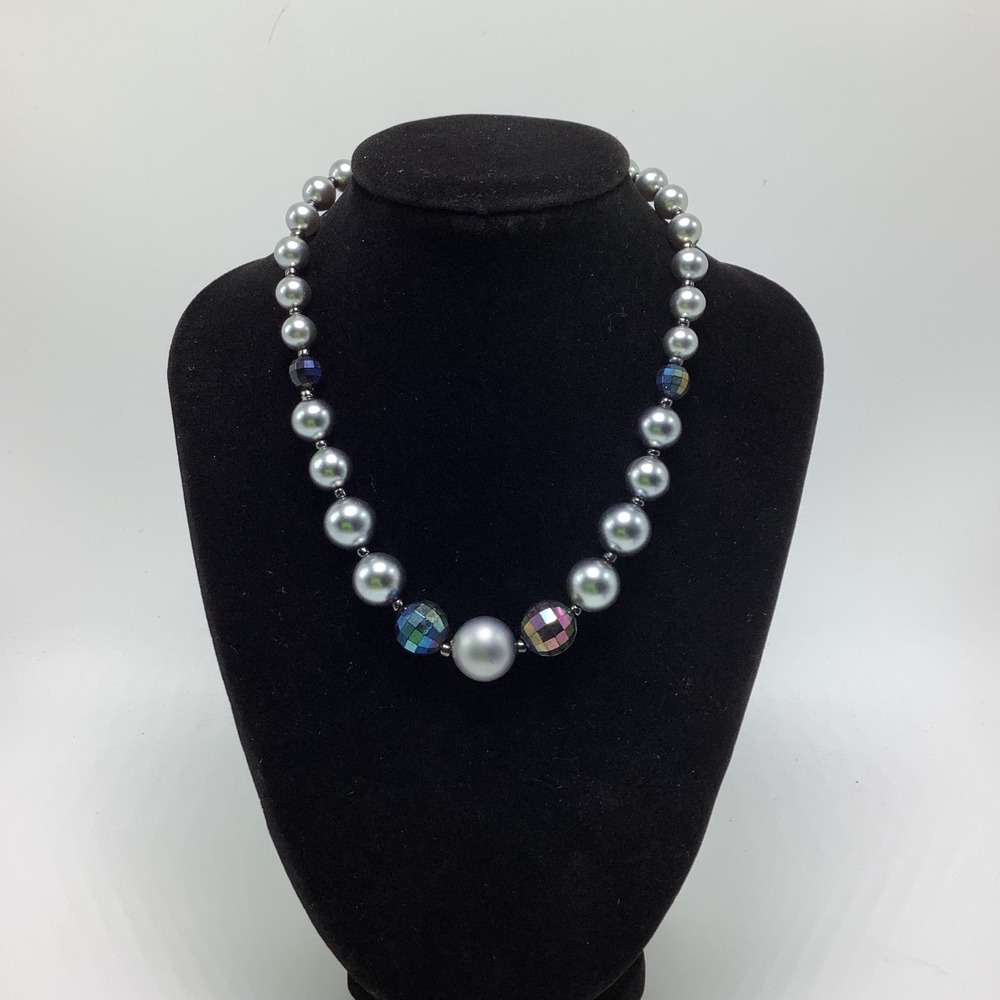 Faux Silver Pearl Necklace‎ w/ Iridescent Faceted Beads